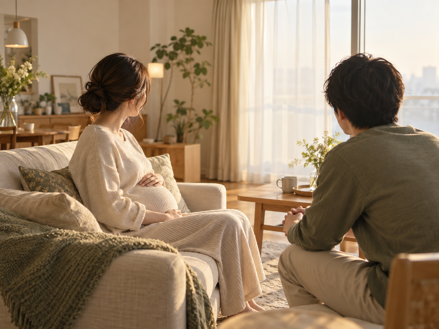 リビングのソファで、妊娠中のパートナーと向き合って話す男性