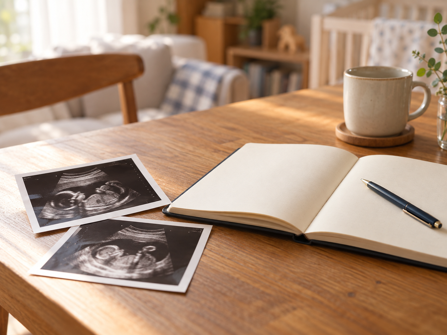 木のテーブルに置かれた2枚のエコー写真と、開いたノートとペン