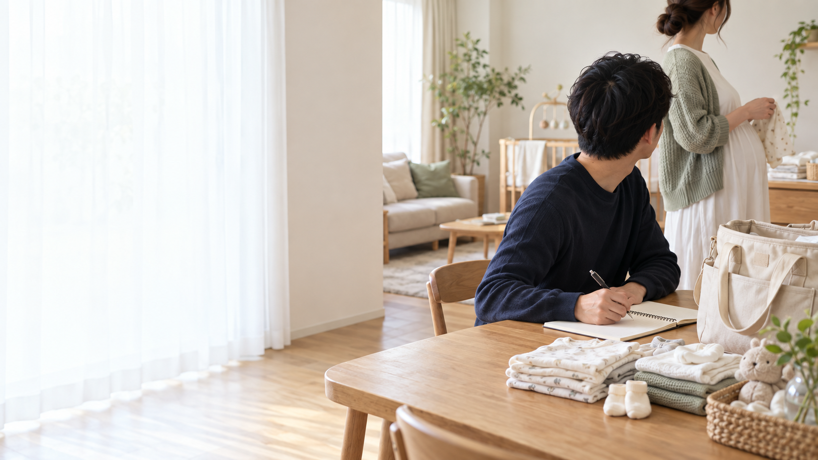 ダイニングテーブルでノートに書き込む男性と、赤ちゃんの服を整える妊娠中のパートナー